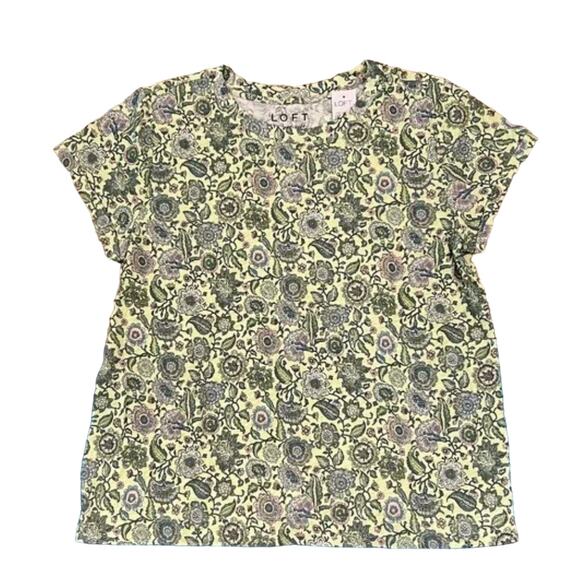 NWT LOFT Green Floral Short Sleeve Cotton Crewneck Tee - SIZE XS - Picture 1 of 10